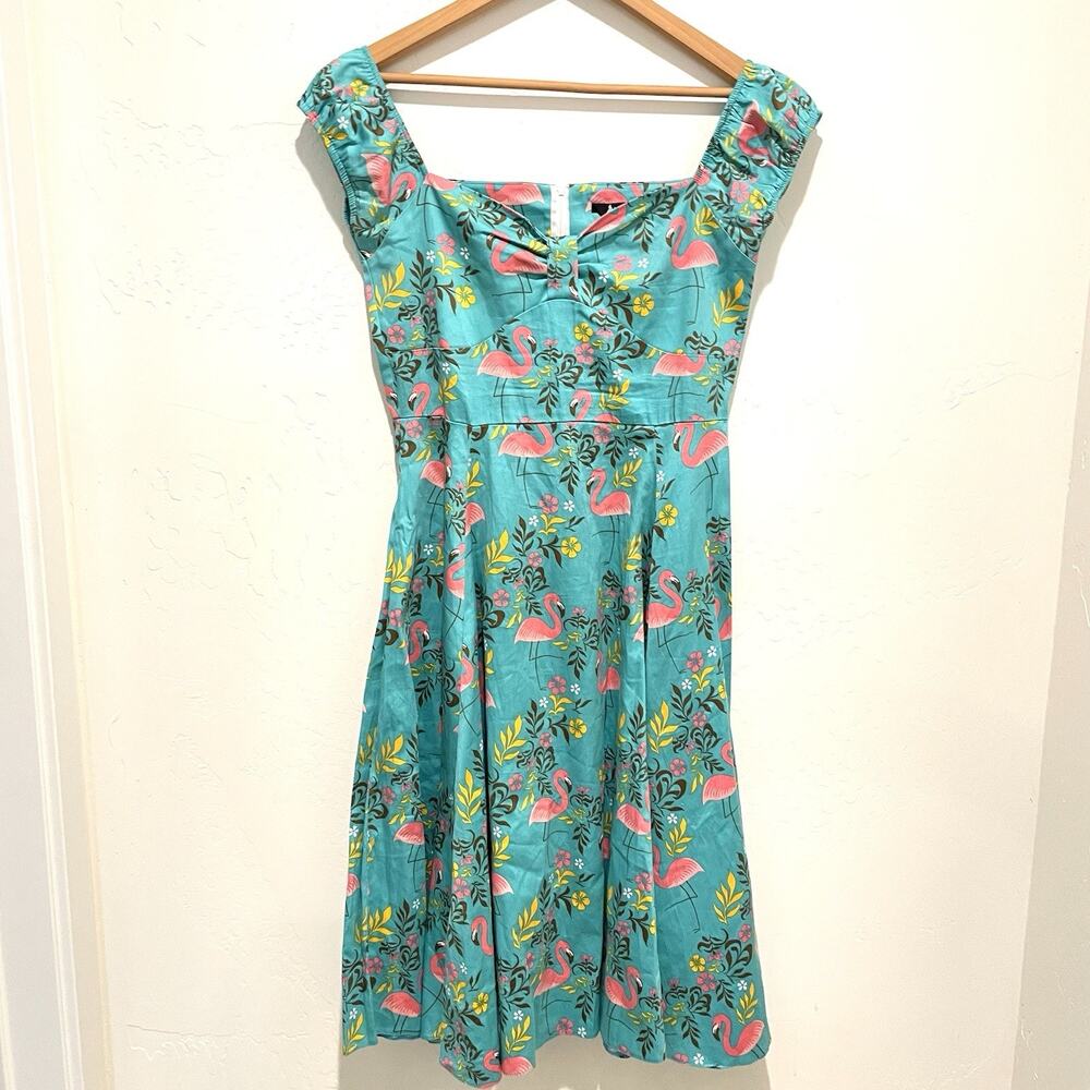 Lady Vintage Pinup Tropical Flamingo Dress Womens 12 Blue Retro Cap Sleeve